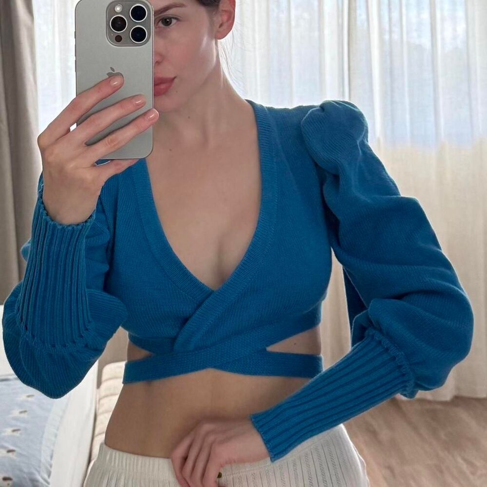 Stunning blue wrap-around sweater